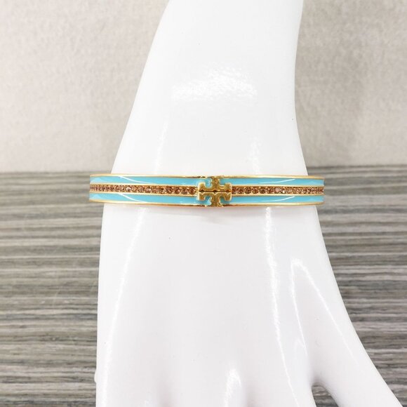 Tory Burch Kira Pave Enamel Hinge Bracelet Antique Brass/Blue Multi OS - Picture 6 of 14